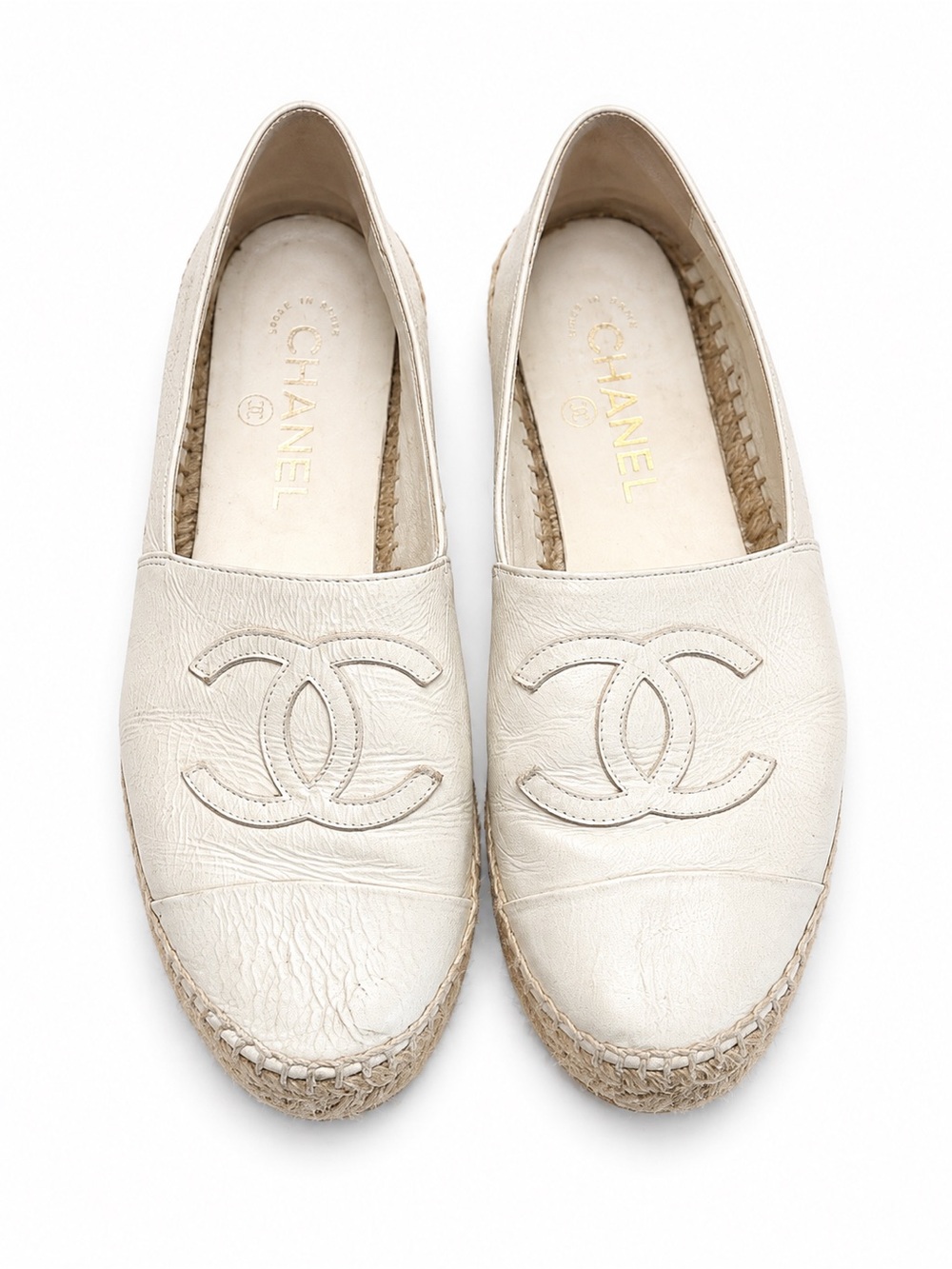 Chanel White Leather CC Logo Espadrilles Flats Size 38